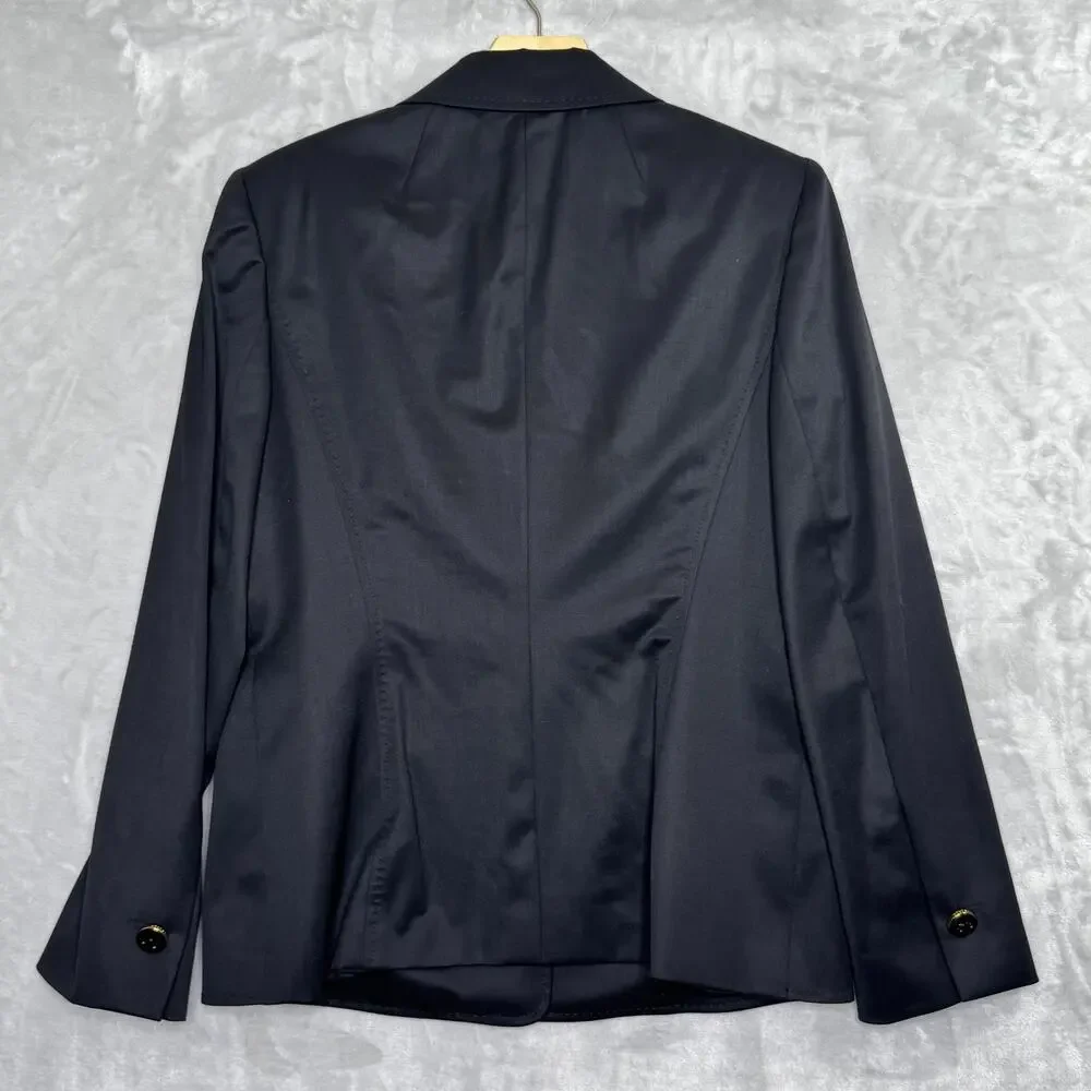 Escada Blazer Womens 42 Black Wool Stretch Classic Two Button Jacket Gold Accent - Picture 2 of 16